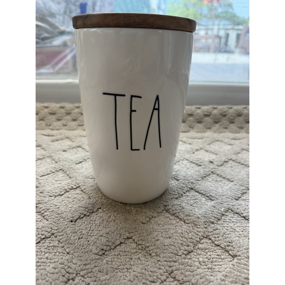 Rae Dunn "TEA" Ivory Ceramic Cellar w/ Wood Engraved Lid 2021